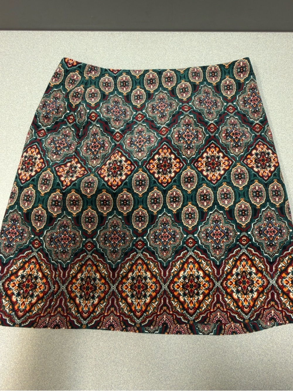LOFT Patterned‎ A-Line Skirt in Teal, Burgundy and Gold